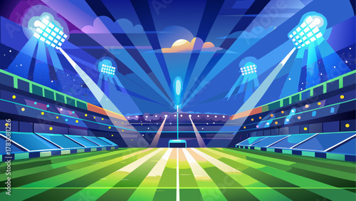 Cartoon stadium with lights and green field