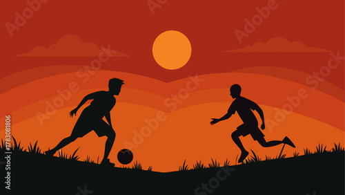 Silhouetted soccer players at sunset time