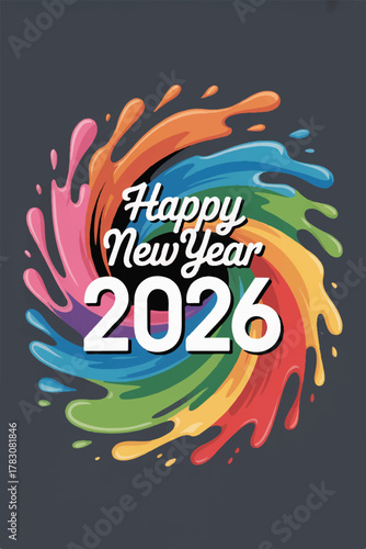 HAPPY NEW YEAR 2026’ surrounded by a vibrant explosion of rainbow paint, symbolizing joy, creativity, and the colorful possibilities of the year ahead.