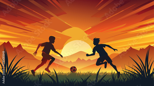 Boys playing soccer at sunset silhouette