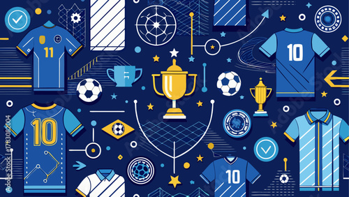 Soccer themed graphic with shirts and cups