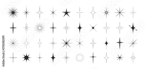 Sparkle stars collection. Minimalistic star set. Sunburst shape bundle. Vector illustration.