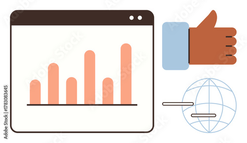 Bar chart in browser window, thumbs-up hand, globe with communication lines. Ideal for analytics, teamwork, global outreach, approval processes, success, data review simple flat metaphor