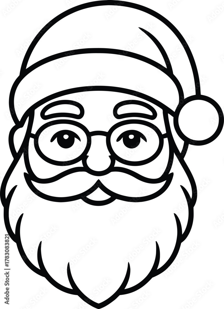 Fototapeta premium Santa Claus Head Illustration in Black Line Art with Glasses and Beard ? Christmas Clipart for Cards, Posters, Stickers, T-Shirts and Digital Art