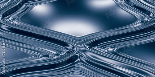 Abstract Blue Metallic Wavy Surface with Reflective Light and Smooth Curves.