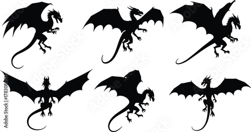 Dragon silhouette vector, flying dragon design, mythical creature icon, fantasy beast illustration, black graphic emblem, stock artwork, tattoo style