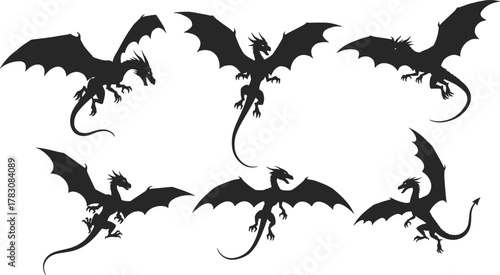 Dragon silhouette vector, flying dragon pose, mythical creature icon, fantasy beast illustration, black graphic design, stock artwork, emblem