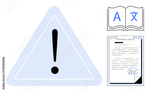 Exclamation mark in triangular sign next to signed document and open book with language symbols. Ideal for translation, legal agreement, caution, language learning, contracts, communication, simple