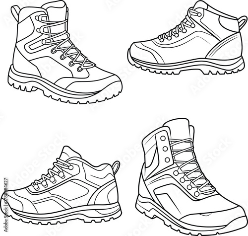 cad drawing flat vector illustration, hiking boots outline, outdoor shoes sketch, trekking footwear design, vector line art template