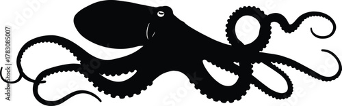 Octopus silhouette vector, black sea creature design, stylized tentacle illustration, marine animal graphic, ocean icon, stock artwork