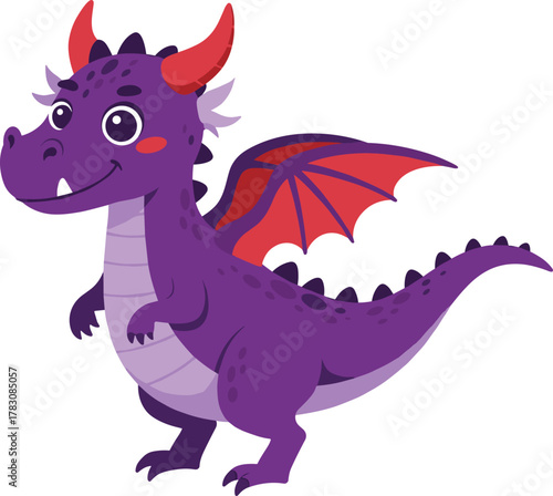 Purple dragon cartoon, friendly fantasy creature, mohawk character illustration, red wings design, children’s artwork, stock vector, whimsical icon