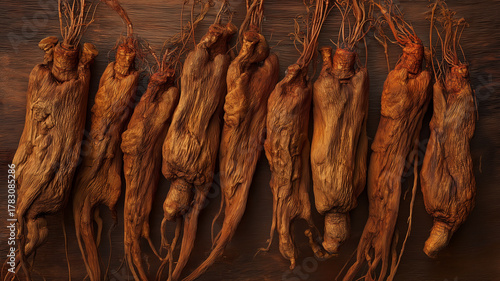 Dried Korean red ginseng roots display rich, earthy texture and deep brown color, showcasing their natural form and unique characteristics. This evokes sense of tradition and health benefits