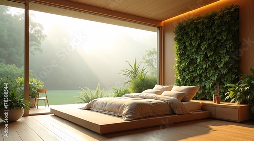 A serene bedroom with wooden interiors, a low bed, large windows with a misty forest view, and abundant green plants including a living wall.
