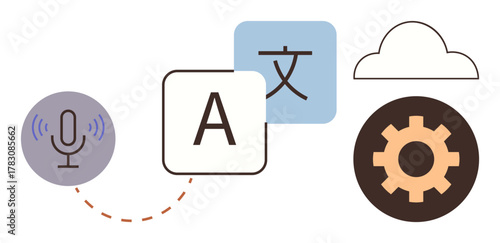Microphone, language letters, cloud, and gear elements highlight translation, automation, cloud computing, AI technology, language learning, accessibility and communication as a simple flat metaphor