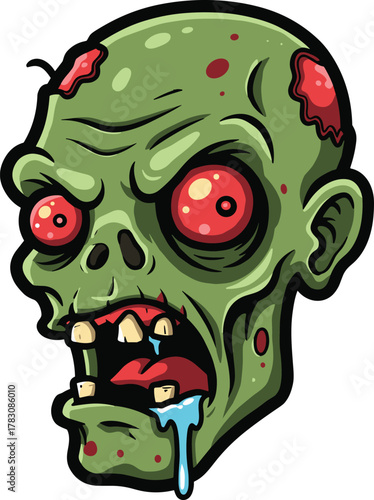 Zombie head cartoon, green undead face, red eyes illustration, horror character design, Halloween graphic, scary monster vector, stock artwork