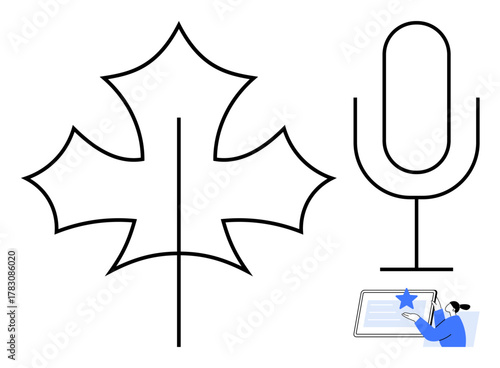 Maple leaf outline symbolizing nature, microphone denoting voice, and person interacting with a tablet. Ideal for communication, creativity, podcasting, nature, education, technology branding