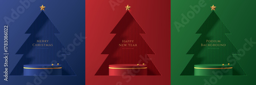 Set of Christmas 3D cylindrical podium background in red, green, blue color in window scene. Minimalist platforms geometric mockup pedestal. Abstract product display presentation, Stage for showcase.