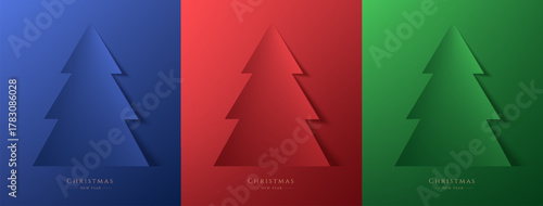 Set of 3D Merry Christmas card background in red, green and blue color. Minimalist Christmas tree banner in papercut style.  Elements of new year day festival for card, cover. Vector illustration.