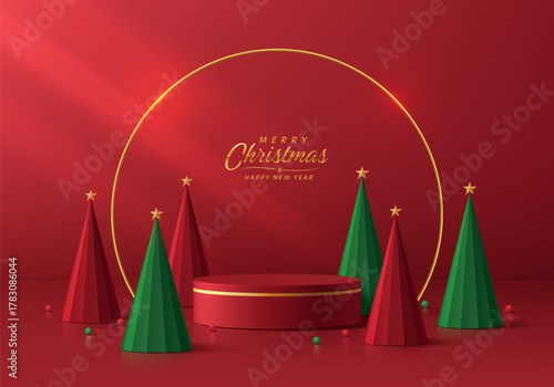 3D red cylindrical podium Christmas background with ball and green Christmas tree scene. Minimalist geometric Platforms mockup pedestal design. Abstract product display presentation. Stage showcase.