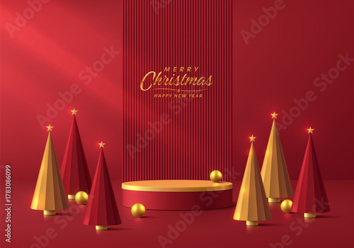 3D red cylindrical podium Christmas background with ball and golden Christmas tree scene. Minimalist geometric Platforms mockup pedestal design. Abstract product display presentation. Stage showcase.