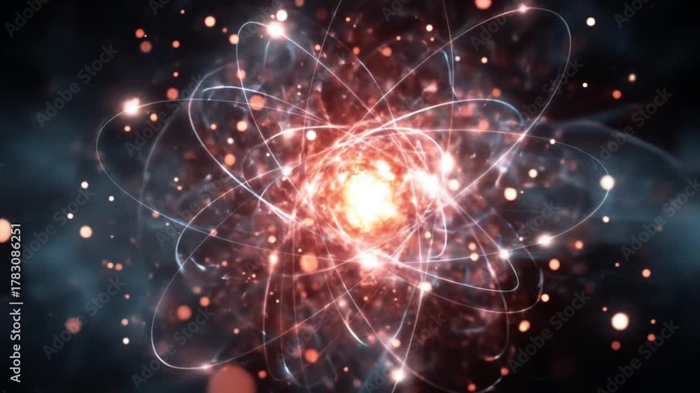 Luminous atomic core with radiant orbital loops and glowing particles in a dark space with bright arc