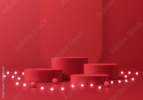 Red 3D cylindrical podium merry Christmas background with glow neon ball scene. Minimalist geometric Platforms mockup pedestal design. Abstract stands product display presentation. Stage for showcase.