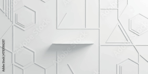 Minimalist White Shelf on Futuristic Geometric Background.