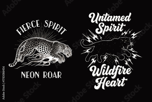Two striking illustrations showcase a leopard and a panther, embodying fierce and untamed spirits with a neon roar and wildfire heart.