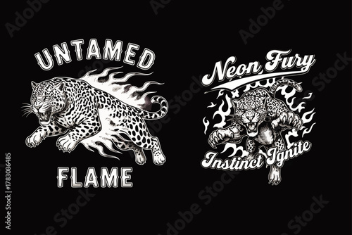 Two striking black and white illustrations showcase a fierce leopard with flames, embodying untamed energy and wild instinct on a dark background.