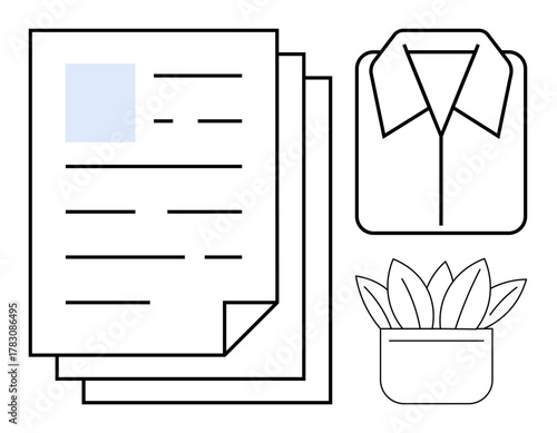 Stack of documents, collared shirt, and potted plant representing work-life balance, productivity, and professionalism. Ideal for office, organization, workplace, minimalism lifestyle decor