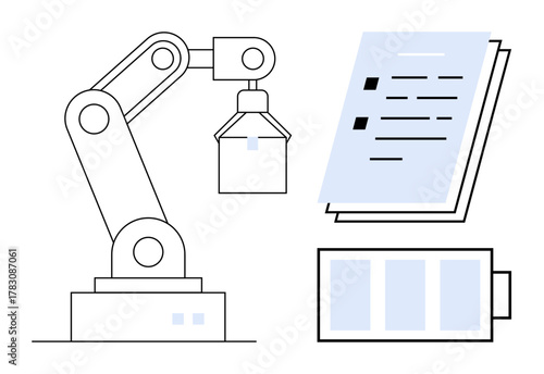 Robotic arm performing task next to a stack of documents and battery status bar. Ideal for automation, technology, robotics, industry, productivity, innovation, and sustainability themes. Simple flat