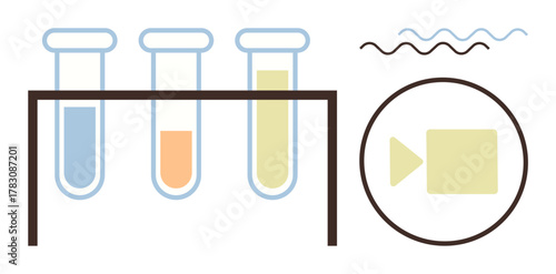 Test tubes filled with colored liquids in a stand, surrounding wave lines, and recording icon. Ideal for science, research, analysis, biotechnology, laboratory experimentation education. Simple