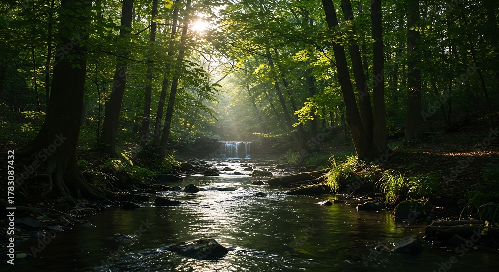 Obraz premium Sunlight streaming through a lush green forest onto a serene flowing river.