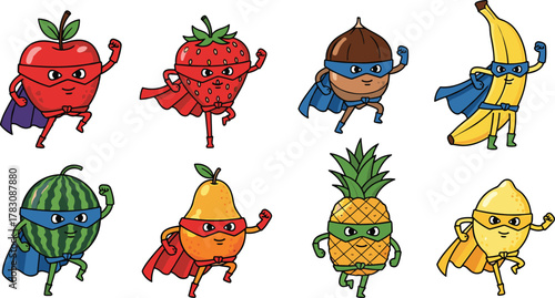 Cartoon fruit superheroes, apple, banana, watermelon, lemon, strawberry, pineapple, pear, chestnut, cape and mask, healthy food icons, flat vector art, isolated