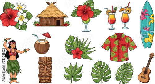 Cartoon Hawaiian icons, tropical flowers, hula dancer, surfboard, coconut drink, tiki statue, ukulele, cocktails, poncho, cultural celebration, flat vector art, isolated