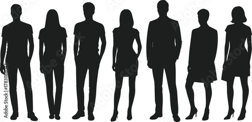 Silhouette of business people standing in group, male and female, team concept, cad drawing flat vector illustration, corporate design, diversity
