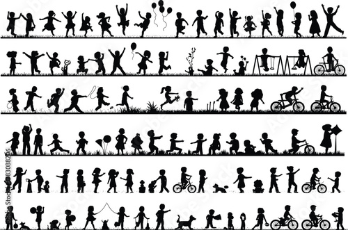 Children silhouettes playing, running, jumping, flying kites, riding bikes, swinging, skipping rope, walking dogs, holding balloons, outdoor fun, childhood activity, energetic movement, recreation