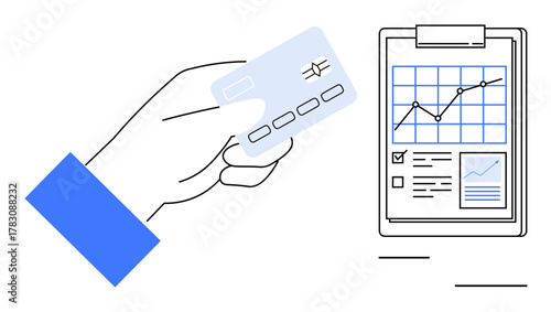 Hand presenting credit card beside clipboard showing growth graphs, checkboxes, and data analysis. Ideal for finance, payments, analytics, business growth, decision-making, planning investment
