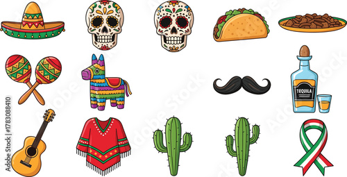 Cartoon Mexican icons, sombrero, sugar skulls, taco, maracas, piñata, tequila bottle, cactus, poncho, mustache, cultural celebration, flat vector art, isolated