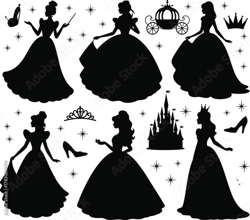 Princess silhouette, fairy tale theme, elegant gown, royal fantasy, magical sparkle, tiara crown, castle carriage, black vector, enchanted story, fairytale clipart, dreamy design