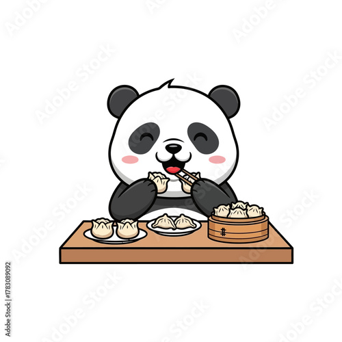 A cute cartoon panda happily eating delicious dim sum dumplings from a bamboo steamer.