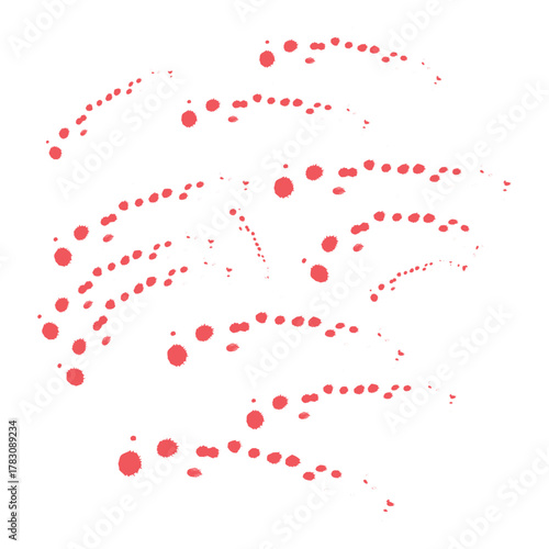 This image features several scattered, curved lines of red dots on a white background. The dots vary in size and density, creating a sense of movement and organic flow. Some lines appear to be fading 