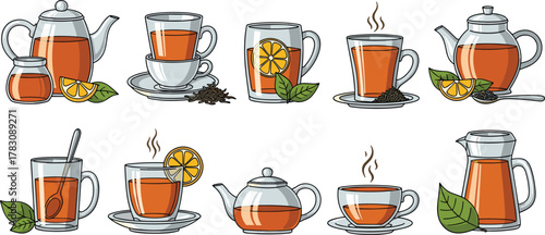 Cartoon tea collection, teapots and cups, lemon garnish, mint leaves, cinnamon stick, honey jar, warm beverage icons, flat vector art, isolated set