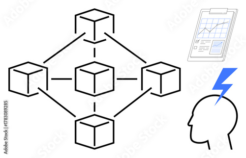 Blockchain cubes connected to depict decentralized systems, alongside analytics chart and lightning-struck head symbolizing data-driven innovation. Ideal for blockchain, tech, creativity, analysis