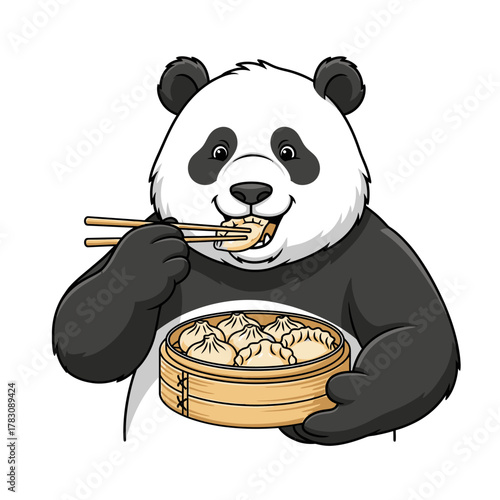 A cartoon panda enjoys eating dumplings from a bamboo steamer, smiling happily.