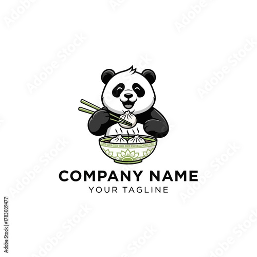 A cute cartoon panda happily eating dumplings from a bowl with chopsticks.