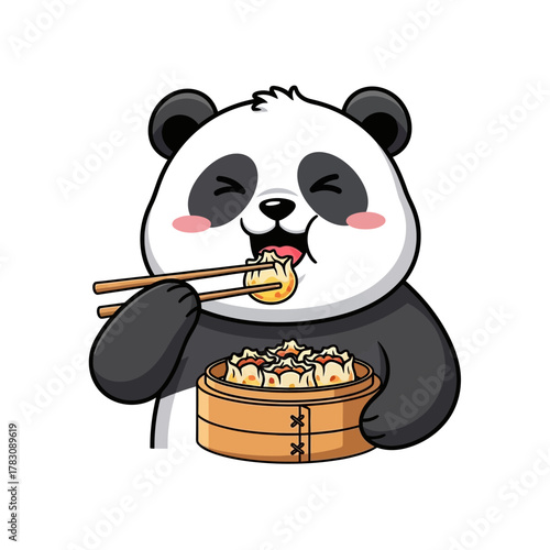 A cute cartoon panda happily eating dim sum from a bamboo steamer with chopsticks.