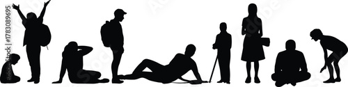 Silhouettes of diverse people in various poses, sitting, standing, reaching, reading, relaxing, bending, expressive human shapes, lifestyle concept, minimal design, black figures, motion