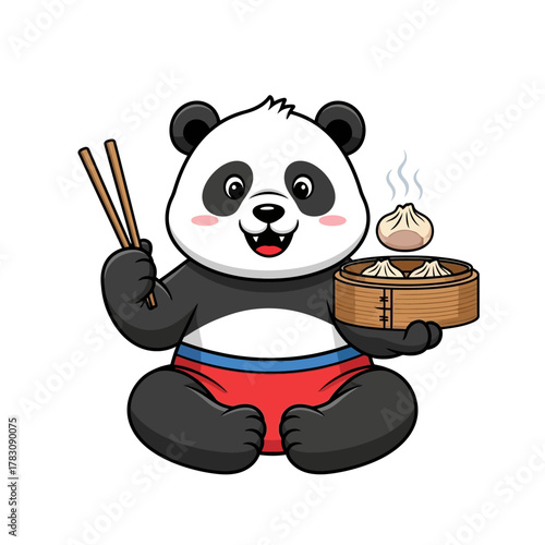 Cartoon panda holding chopsticks and a bamboo steamer with delicious dumplings, smiling happily.