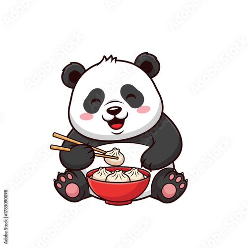 Cartoon panda happily eating dumplings from a red bowl with chopsticks, smiling.